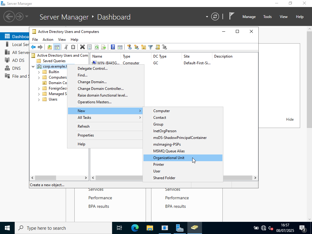 Création d'unité d'organisation dans Active Directory