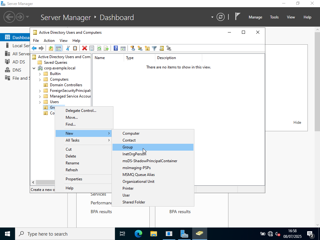 Création d'un groupe dans l'unité d'organisation d'Active Directory