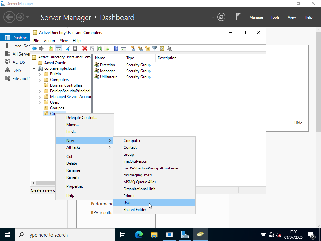 Création d'utilisateur dans une unité d'organisation d'Active Directory
