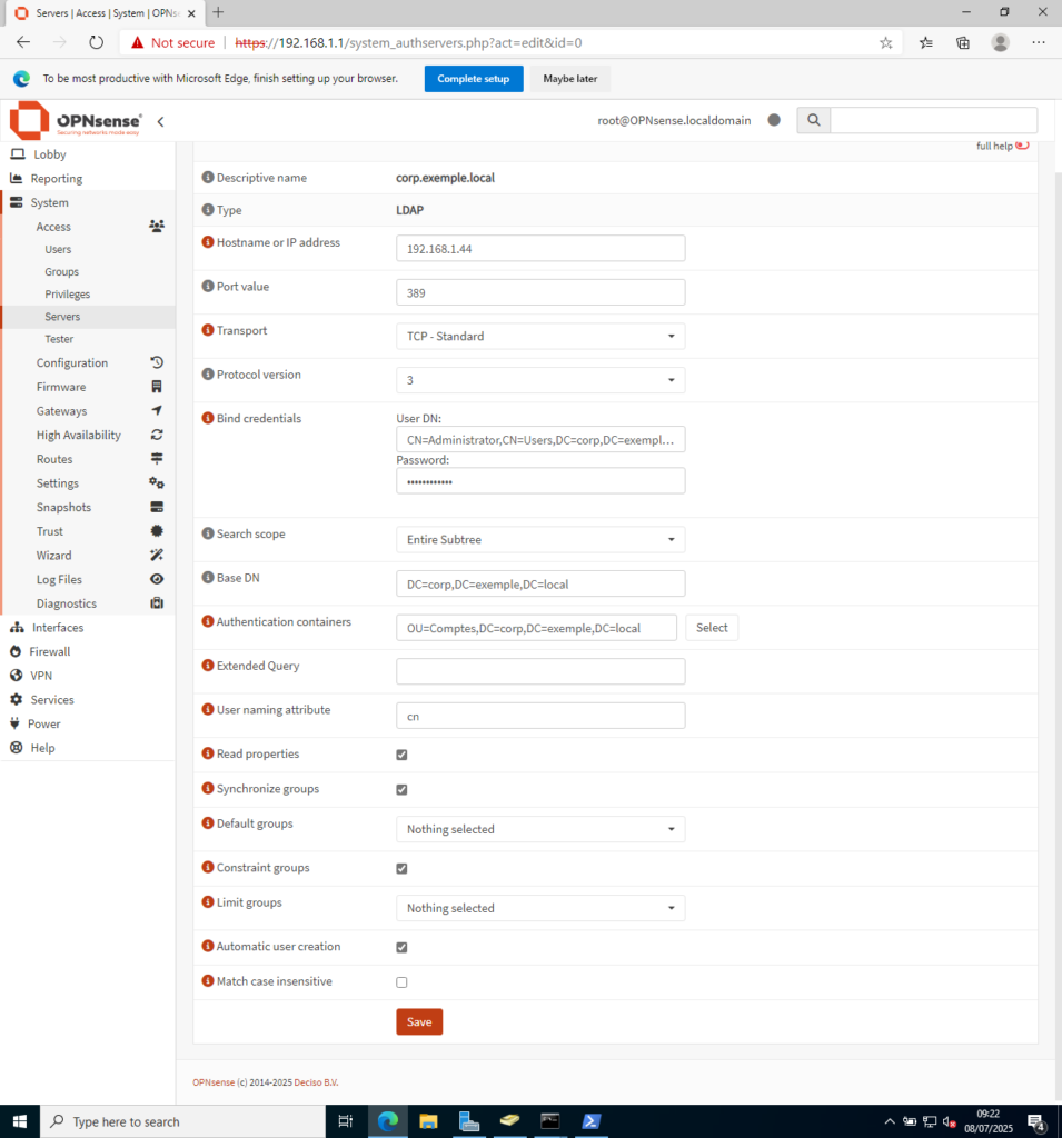 Fenêtre de configuration de LDAP dans OPNSense