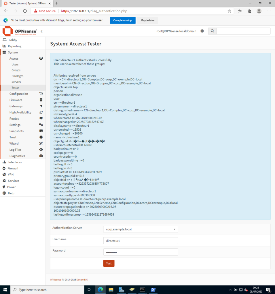 Fenêtre de test de la connexion à un serveur Active Directory avec LDAP