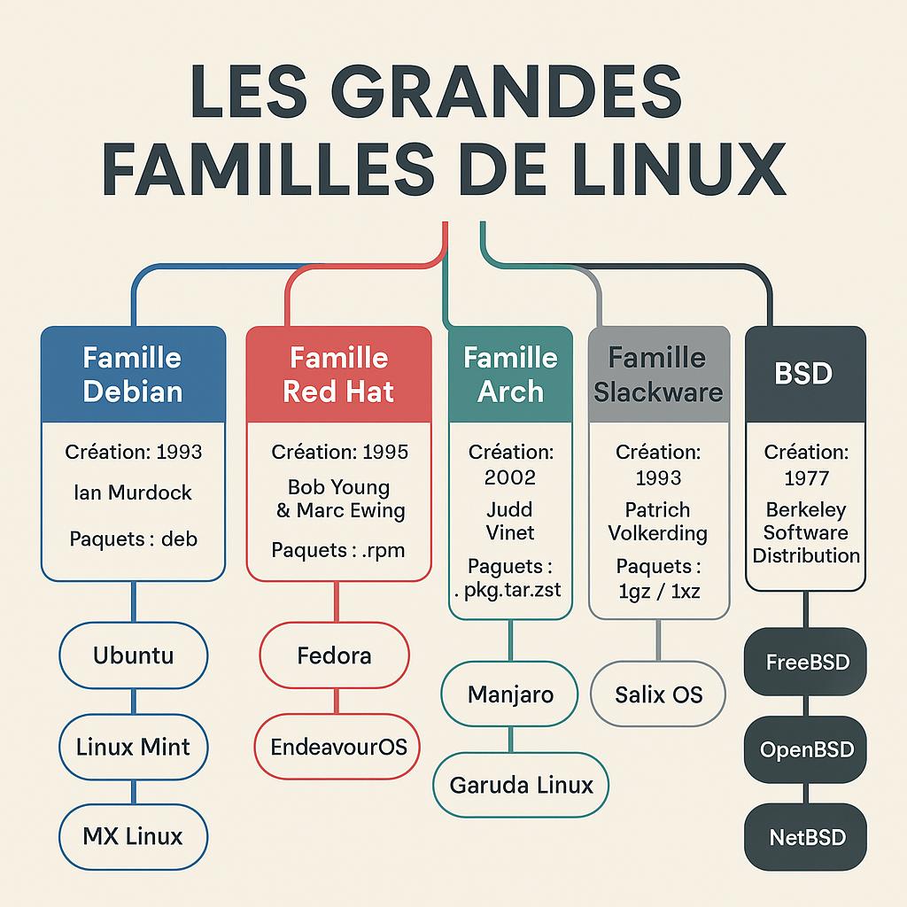 Infographie des grandes familles de distributions Linux Debian, Red Hat, Arch, Slackware et BSD